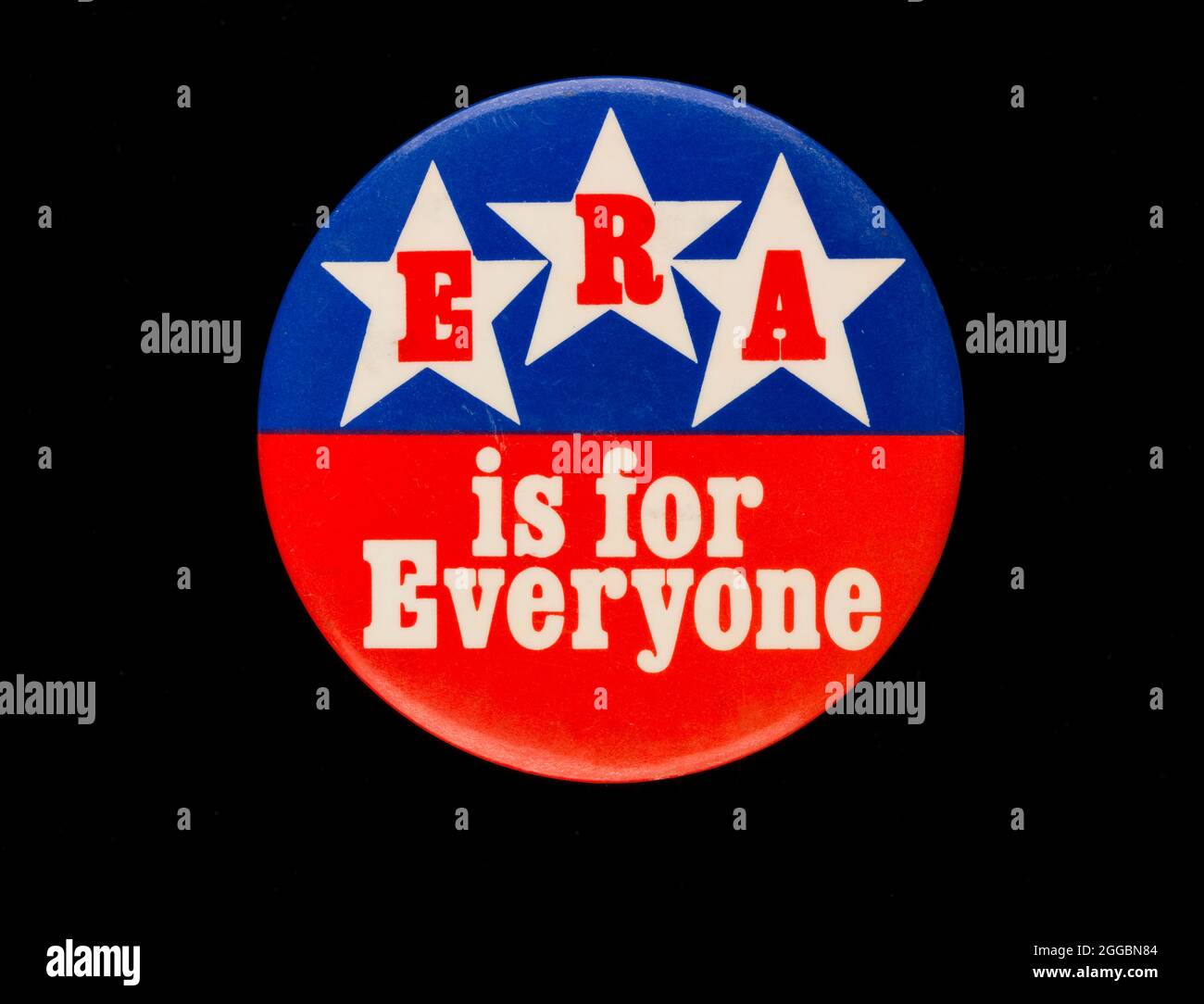 ERA is for Everyone badge owned by Sally Ride, ca. 1972. The Equal Rights Amendment (ERA) was introduced to Congress for the first time in 1923, and passed both houses of Congress in 1972. It failed, however, to be ratified by the necessary number of states by the extended deadline of June 1982. American physicist Sally K. Ride followed the ERA campaign, and would stop patronizing companies if she knew that they did not support the ERA. When Ride became the first American woman in space during the STS-7 mission of 1983, her exemplary performance as a Mission Specialist challenged perceptions o Stock Photo