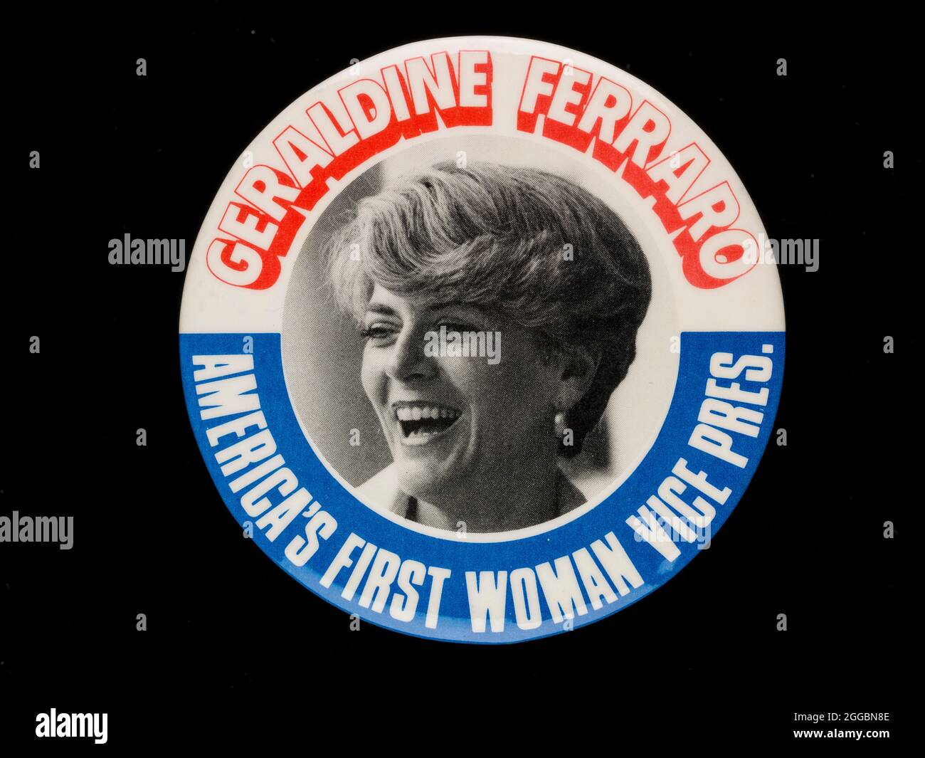 Geraldine Ferraro badge owned by Sally Ride, 1984. This Geraldine Ferraro campaign button was owned by Dr. Sally K. Ride. Ferraro was Walter Mondale's running mate on the Democratic ticket in the 1984 presidential election, and had she been elected, she would have been America's first woman Vice President. During her acceptance speech at the party convention, Ferraro cited Sally Ride's achievement as the first American woman in space as evidence that &quot;change is in the air.&quot; Stock Photo
