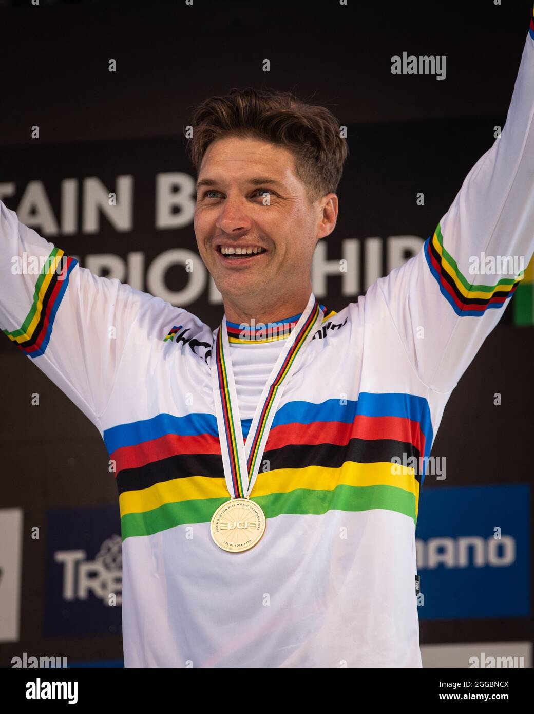 South Africa s Greg Minnaar celebrates a victory after the UCI DH World Championships in Val di Sole Italy on August 29 2021. CTK Photo Michal Cerv Stock Photo Alamy