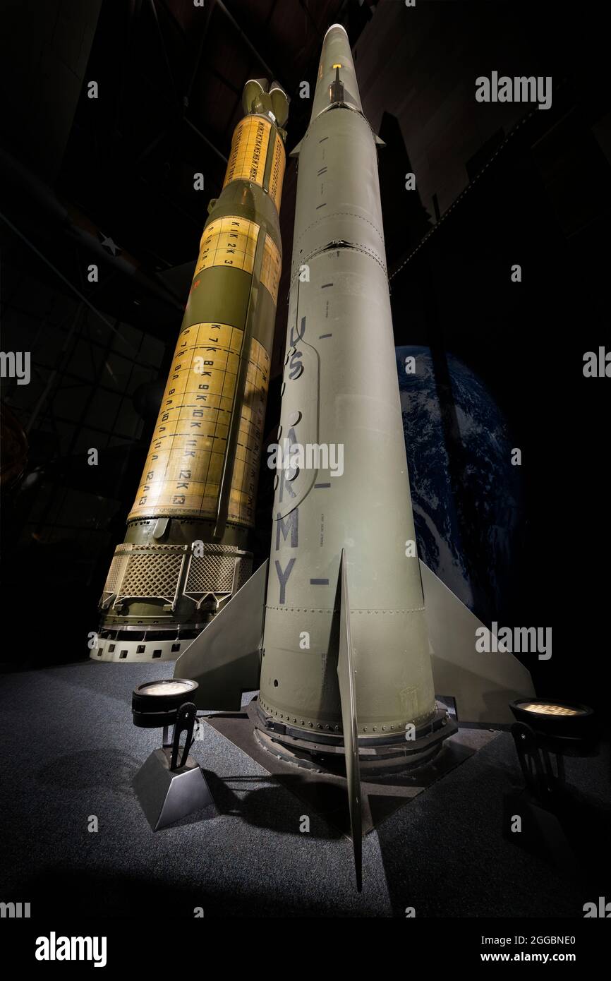 The Pershing II was a mobile, intermediate-range ballistic missile deployed by the U.S. Army at American bases in West Germany beginning in 1983. It was aimed at targets in the western Soviet Union. Each Pershing II carried a single, variable-yield thermonuclear warhead with an explosive force equivalent to 5-50 kilotons of TNT. Under the terms of the 1987 Intermediate-Range Nuclear Forces Treaty between the United States and the Soviet Union, all Pershing IIs and their support equipment were removed from the inventory and rendered inoperable. This missile is a trainer, but its dimensions and Stock Photo