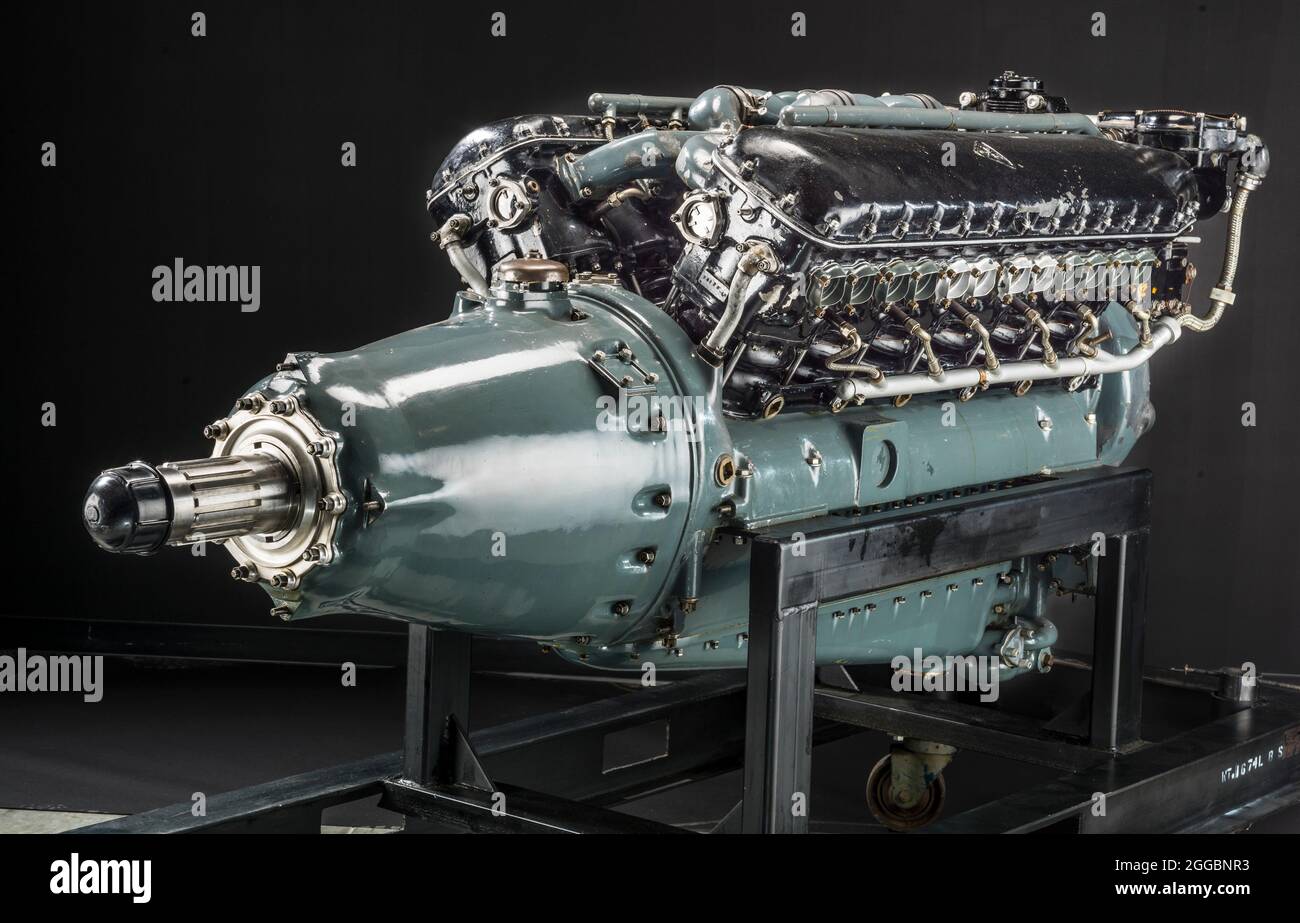 In early 1930, Allison manager N. H. Gilman sketched a design for a 559 kW (750-hp), 12-cylinder engine that would incorporate high-temperature glycol cooling and a turbosupercharger. The U.S. Navy contracted with Allison to supply the engine (known as the V-1710-A) for use on its airships. Originally known for modified Liberty engines and developing propeller reduction gears, this was the first of Allison&#x2019;s own engines. Two years later the Army ordered a modified, more powerful version; redesigned during development and reintroduced in 1936 as the V-1710-C6. Allison built more than 47, Stock Photo