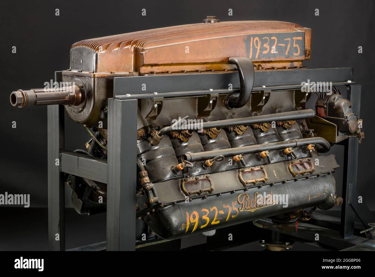 In 1923, the Packard Motor Car Company began development of a new series of 12-cylinder aircraft engines that would more fully meet the requirements of the Army and Navy. In these new designs, a great step forward was made in decreasing the weight per horsepower. The first engine employing the new construction, the 268 kW (360 hp) Packard 1300, was built under a Navy contract. While this engine was under development, Packard obtained an Army contract for a refined and enlarged version known as the 1500. This was superseded by the 2A-1500, built in upright direct drive and geared configurations Stock Photo