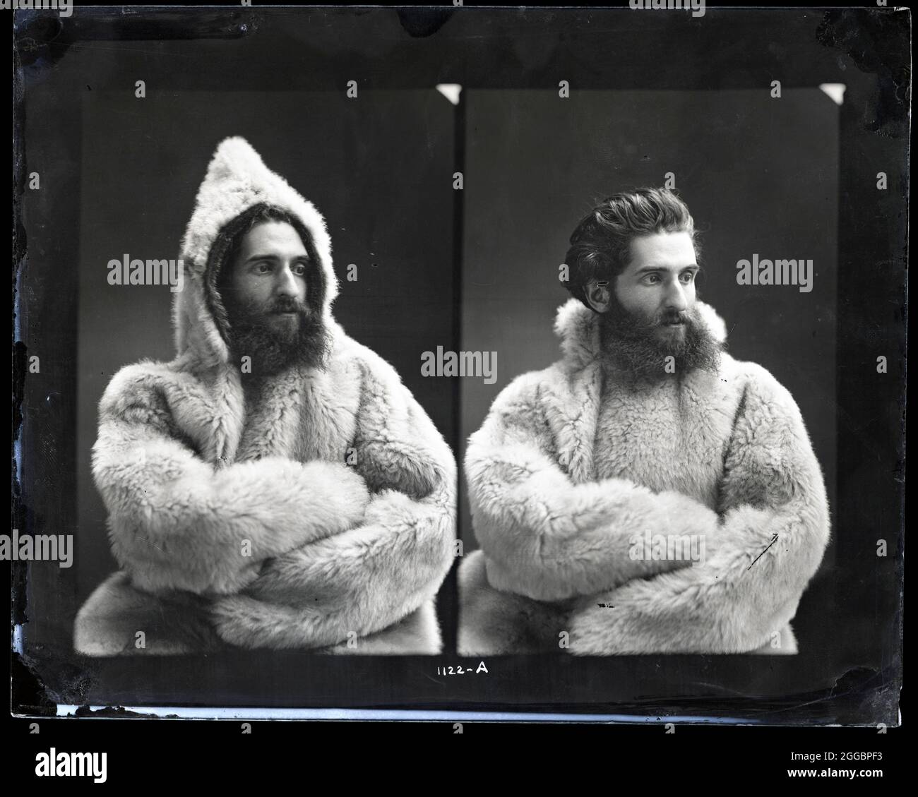 Portraits of Emil Bessels in fur parka, 1880. Arctic explorer Emil Bessels models a hooded fur coat acquired during a polar expedition. Stock Photo