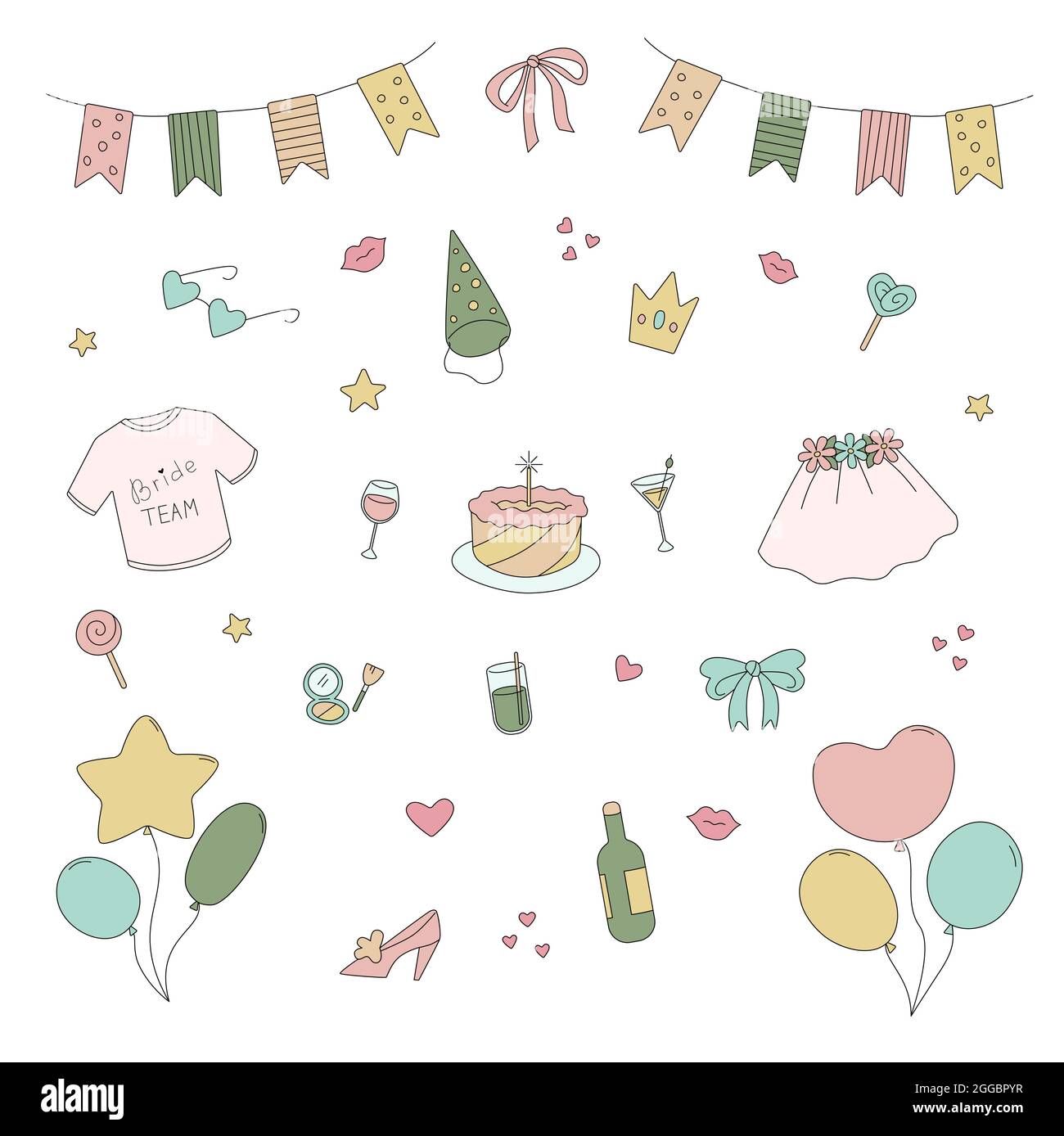 Bachelorette party doodle set. Cartoon symbols for hen party such as veil, garland, balloon and cocktails. Vector illustration isolated on white backg Stock Vector