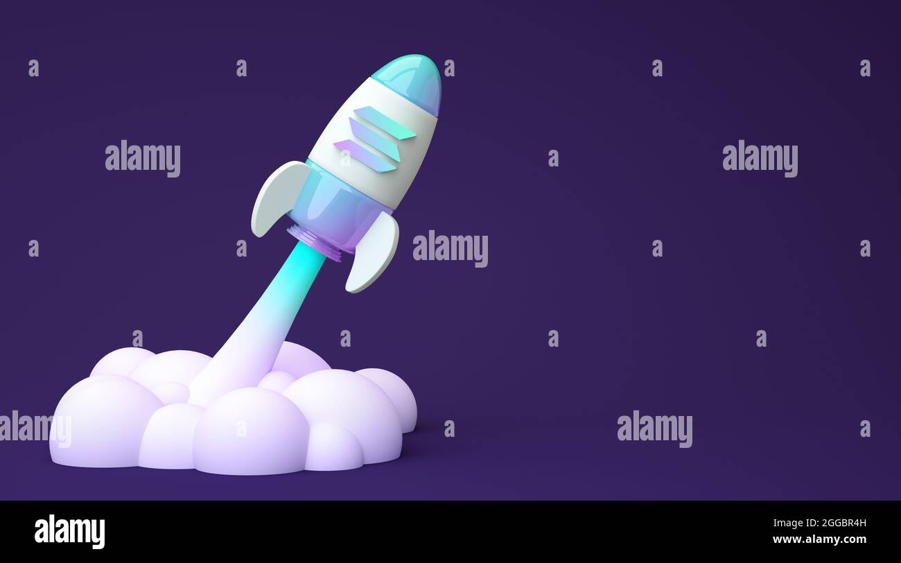 Solana to the moon, bullish altcoin SOL cryptocurrency. Solana token crypto  currency logo in a rocket with copy space background in 3D rendering. Bloc  Stock Photo - Alamy