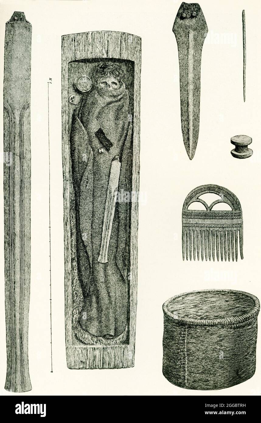 This 1907 illustration shows a wooden coffin with a male corpse and accompanying burial items that date to the Bronze Age - around 1300 BC. It was uncovered at Borum Eschoi on the peninsula of Jutland, an area that is part of Denmark Stock Photo