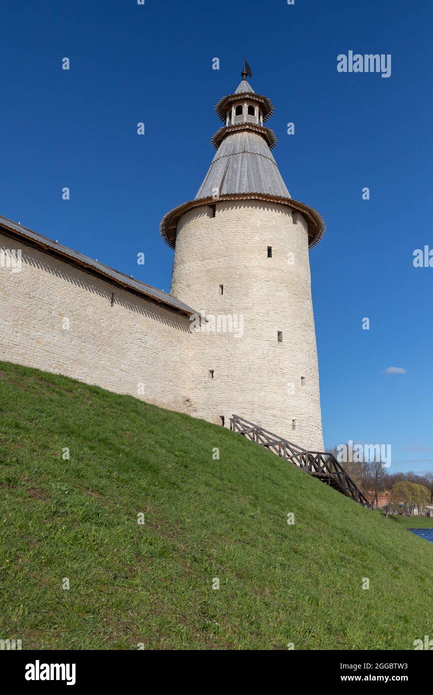 Stone tower and wall of the Kremlin of Pskov, Russian Federation. Ancient coastal fortification Stock Photo