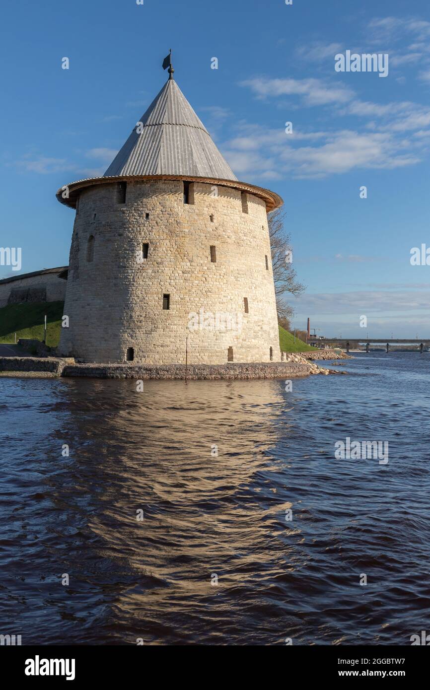 Stone tower of the Kremlin of Pskov, ancient coastal fortification in Russian Federation Stock Photo