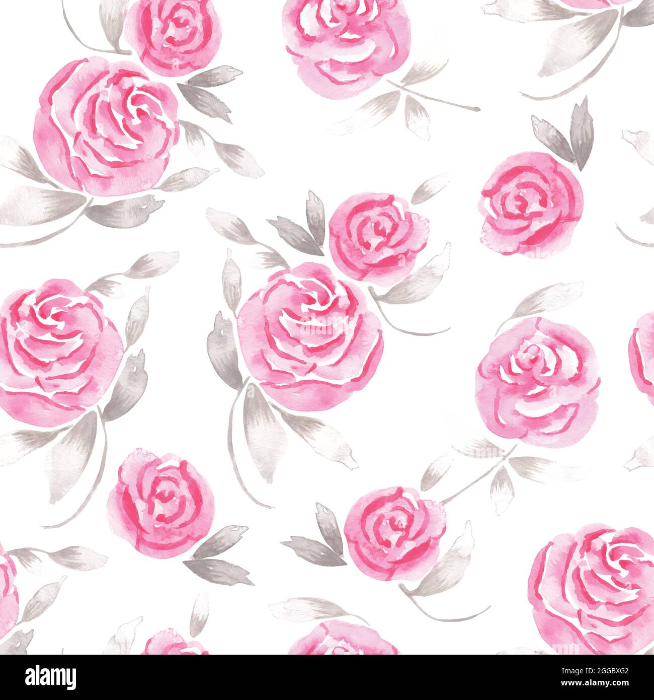 Romantic pattern with pink rose flowers and abstract gray leaves drawn in watercolor Stock Vector