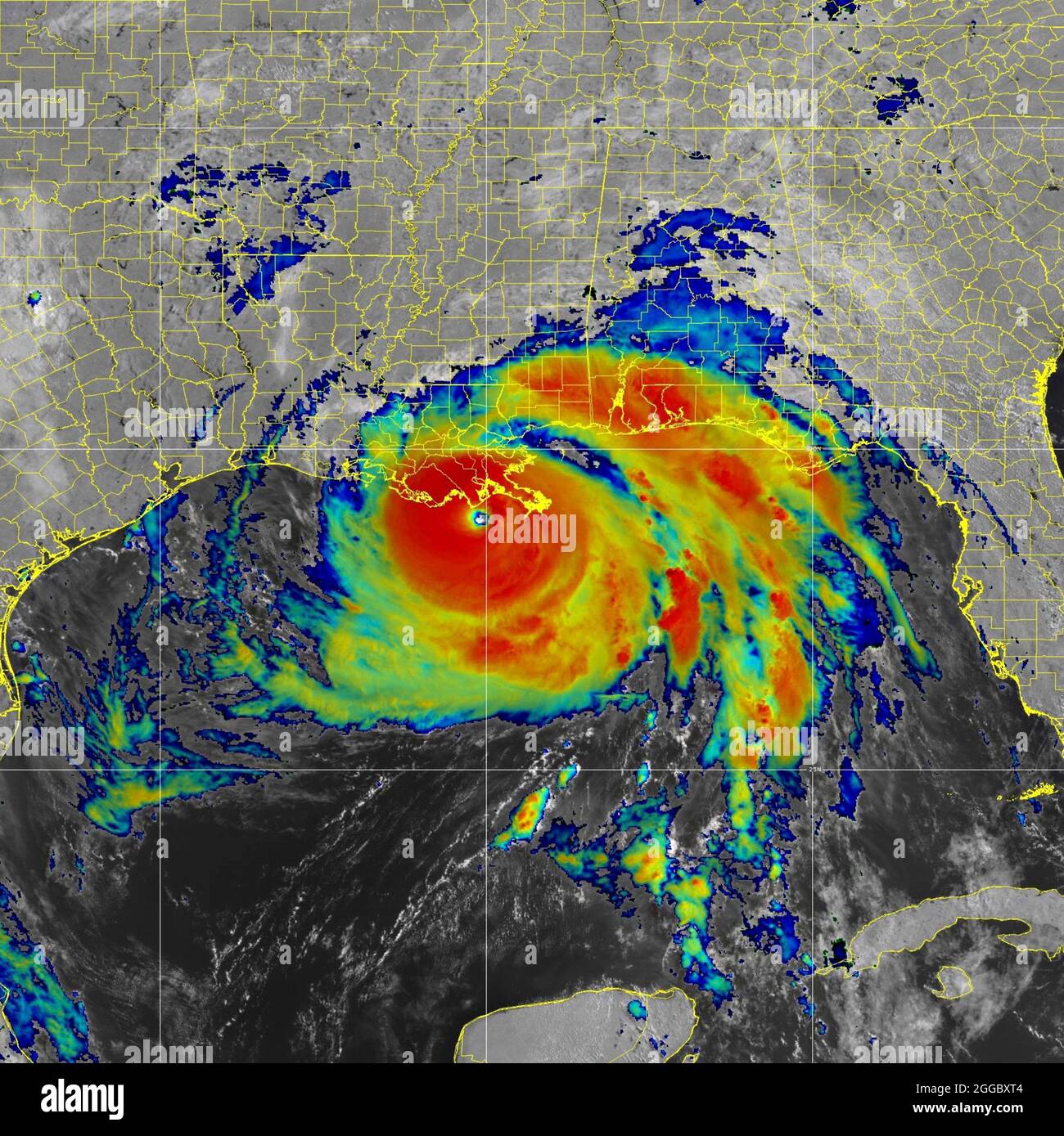 NASA MODIS satellite image showing Hurricane Ida, a category 4 storm as strikes the coast of lower Louisiana August 29, 2021 east of New Orleans. Ida is packing winds of 150 mph made landfall 16-years ago to the day of Hurricane Katrina. Credit: Planetpix/Alamy Live News Stock Photo