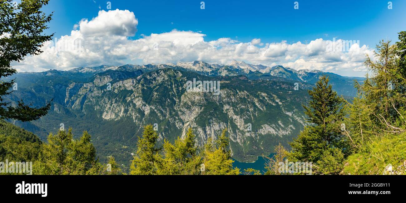 A panorama picture of the Triglav peak surrounded by other peaks of Triglav National Park. Stock Photo