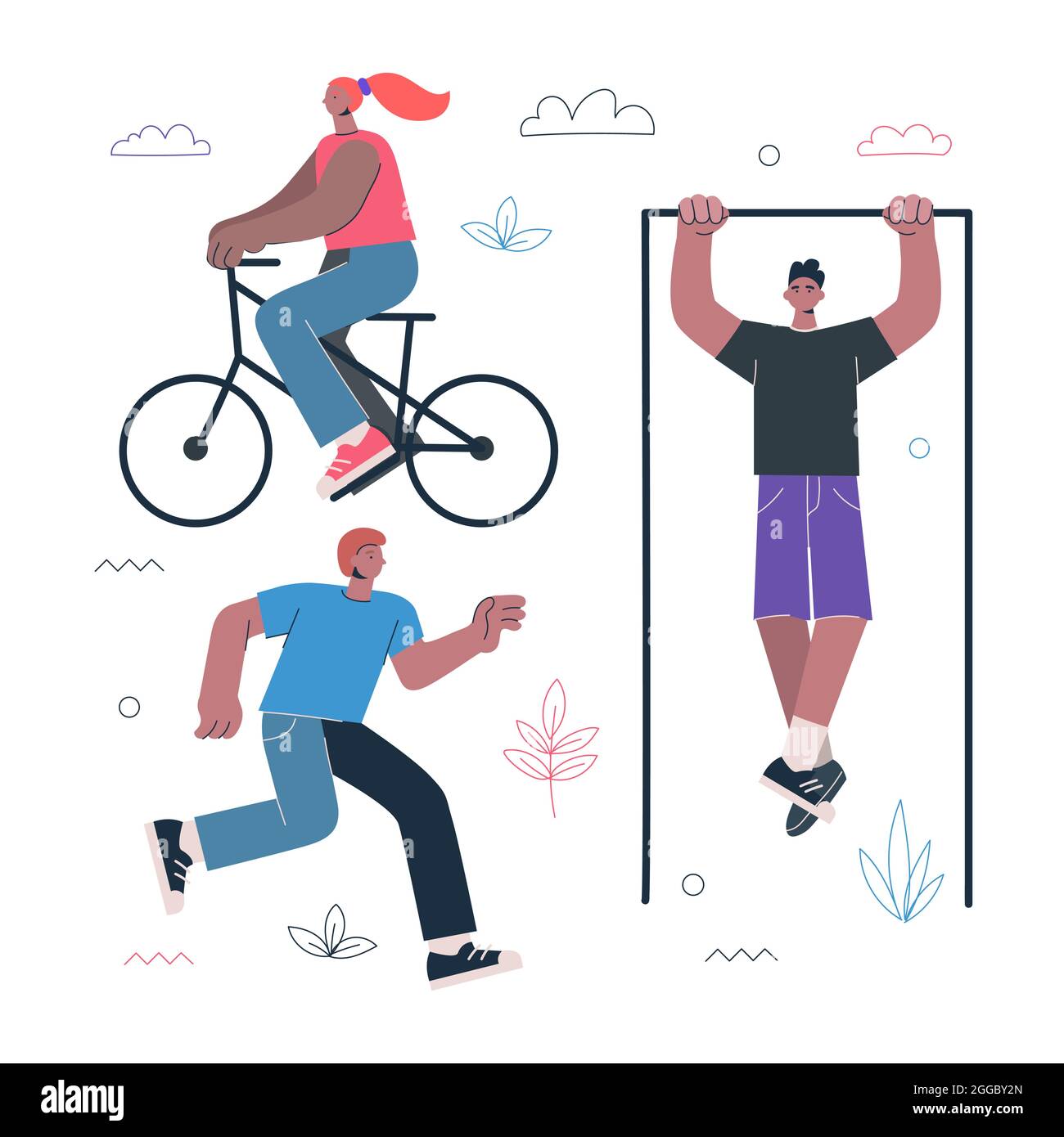 Healthy lifestyle fitness and street workout sports exercises concept. Persons ride bicycle, running and pull up on horizontal bar. Man and woman work-out set vector eps illustration Stock Vector