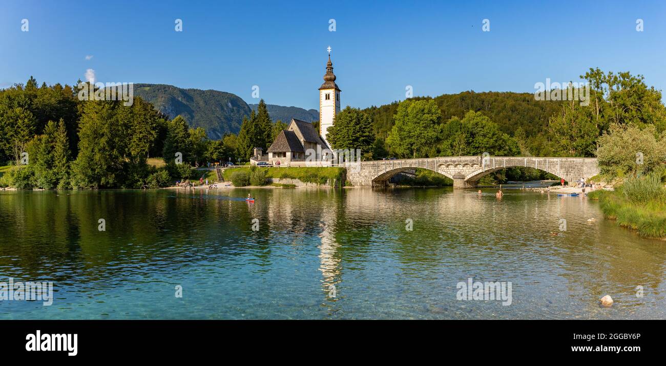 A panorama picture of the Church of St. John the Baptist in Ribčev Laz ...