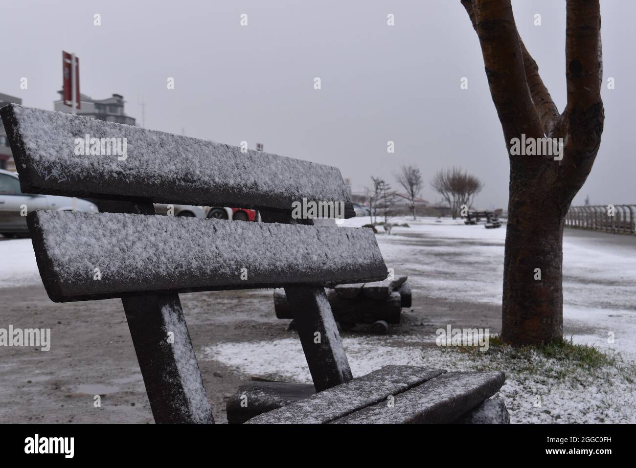 Park bench covered in light winter snow in urban setting Stock Photo ...
