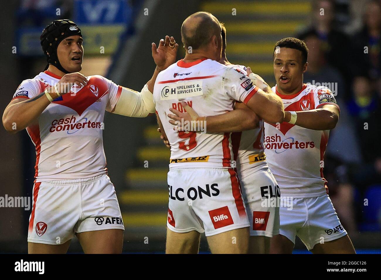 Lewis Dodd (21) of St Helens celebrates his try in, on 8/30/2021 ...