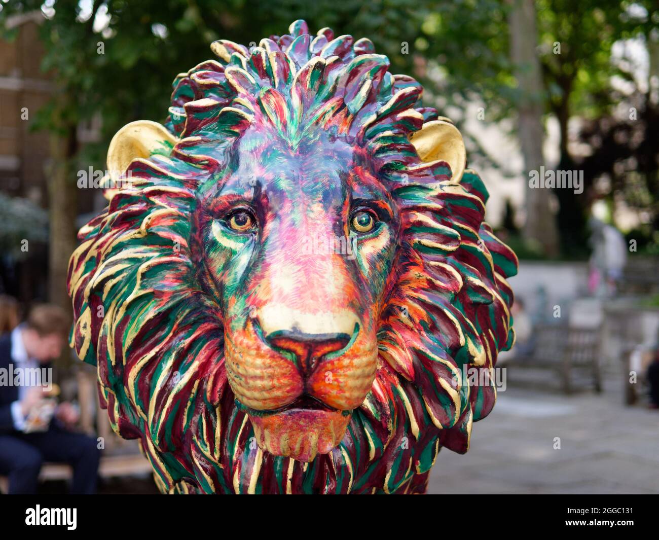 London, Greater London, England, August 24 2021: The London Pride Tusk Lion Trail, Brian the Lion by Hannah Shergold in St Jamess Chuchyard Stock Photo