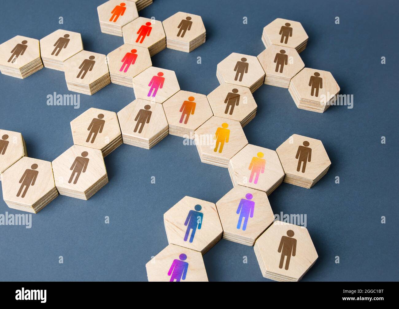 A chain of communicating people. Cooperation for solving tasks. Unity and diversity. Networking. Multiculturalism. Assistance and collaboration. Conne Stock Photo