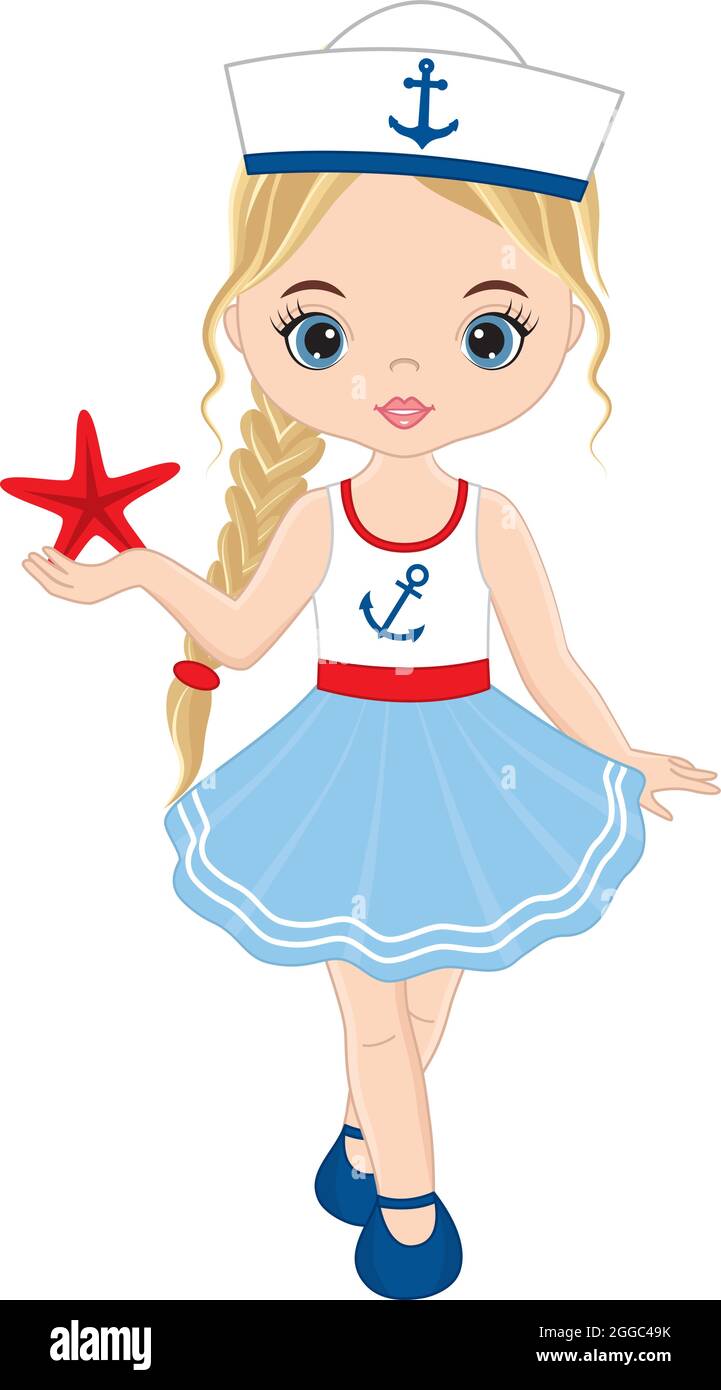 Cute Beautiful Teen Girl Wearing Nautical Dress Holding Starfish. Vector Nautical Girl  Stock Vector