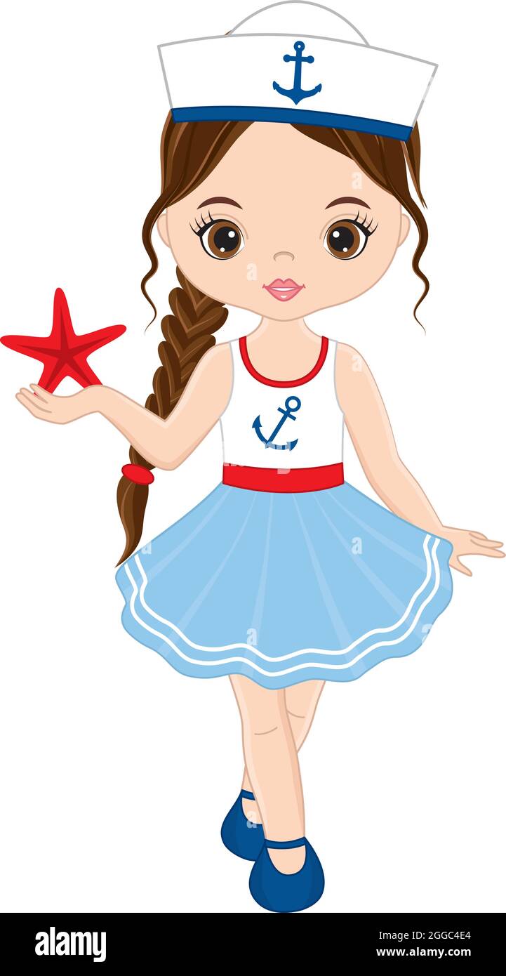 Cute Beautiful Teen Girl Wearing Nautical Dress Holding Starfish. Vector Nautical Girl  Stock Vector