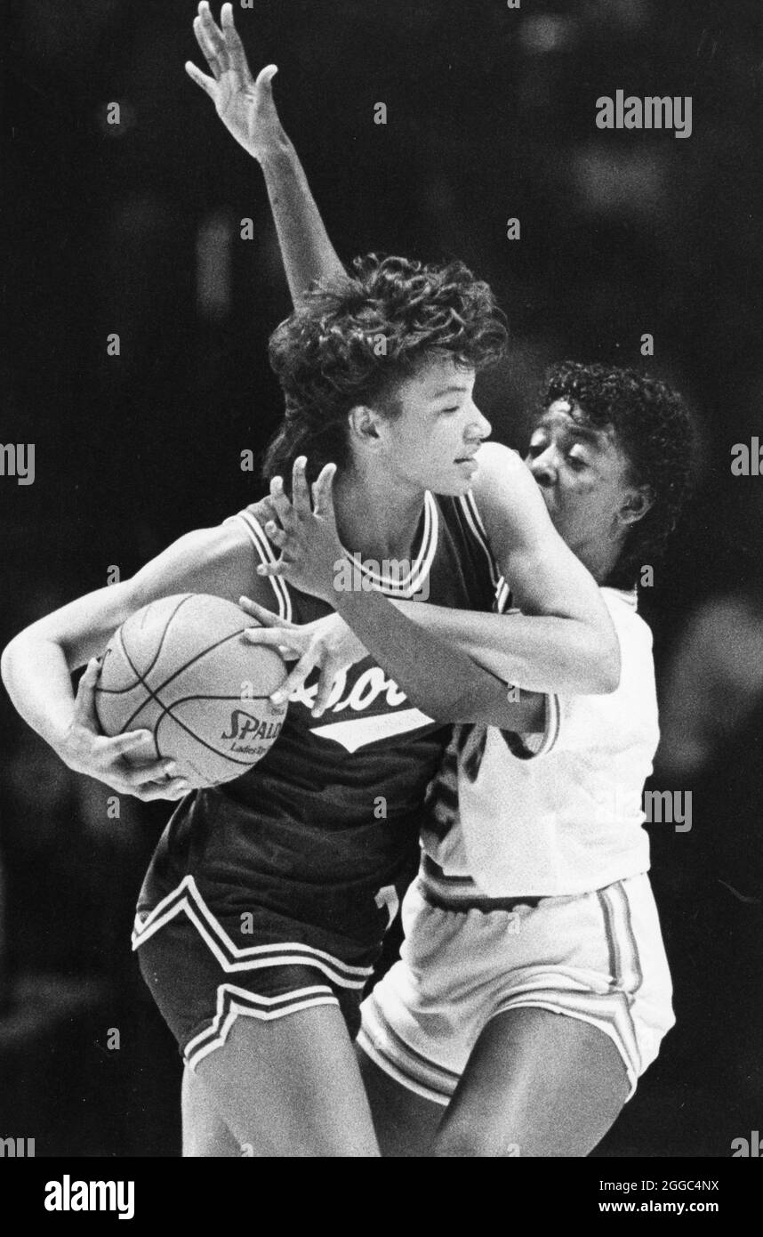 ©1980's  Texas high school girls basketball playoffs in Austin at the Frank Erwin Center traditional court for final games. Stock Photo