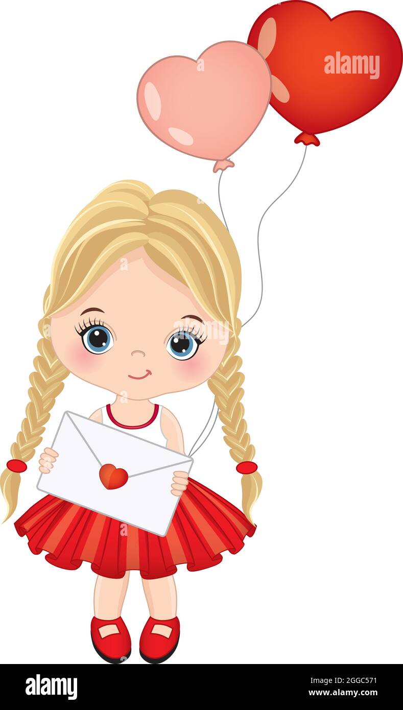 Cute Little Blond Girl Holding Heart Shape Air Balloons. Vector Cute