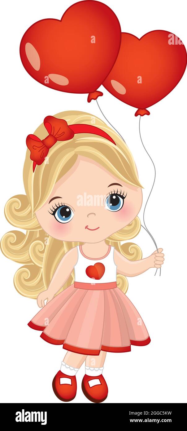 Cute Little Blond Girl Holding Heart Shape Air Balloons. Vector Cute