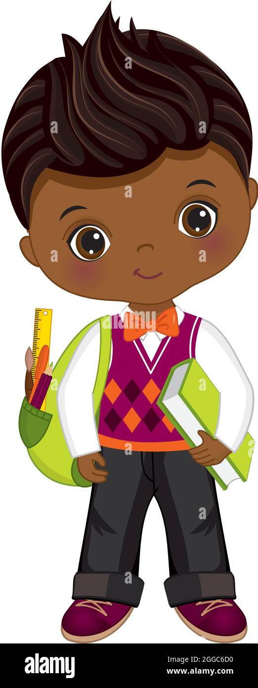 Cute Little School African American Boy Holding Rucksack. Vector School ...