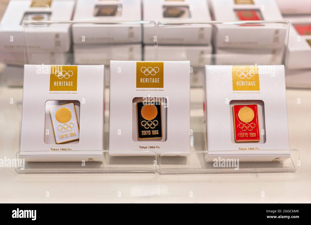 tokyo, japan august 24 2021 Closeup on three heritage lapel pins or