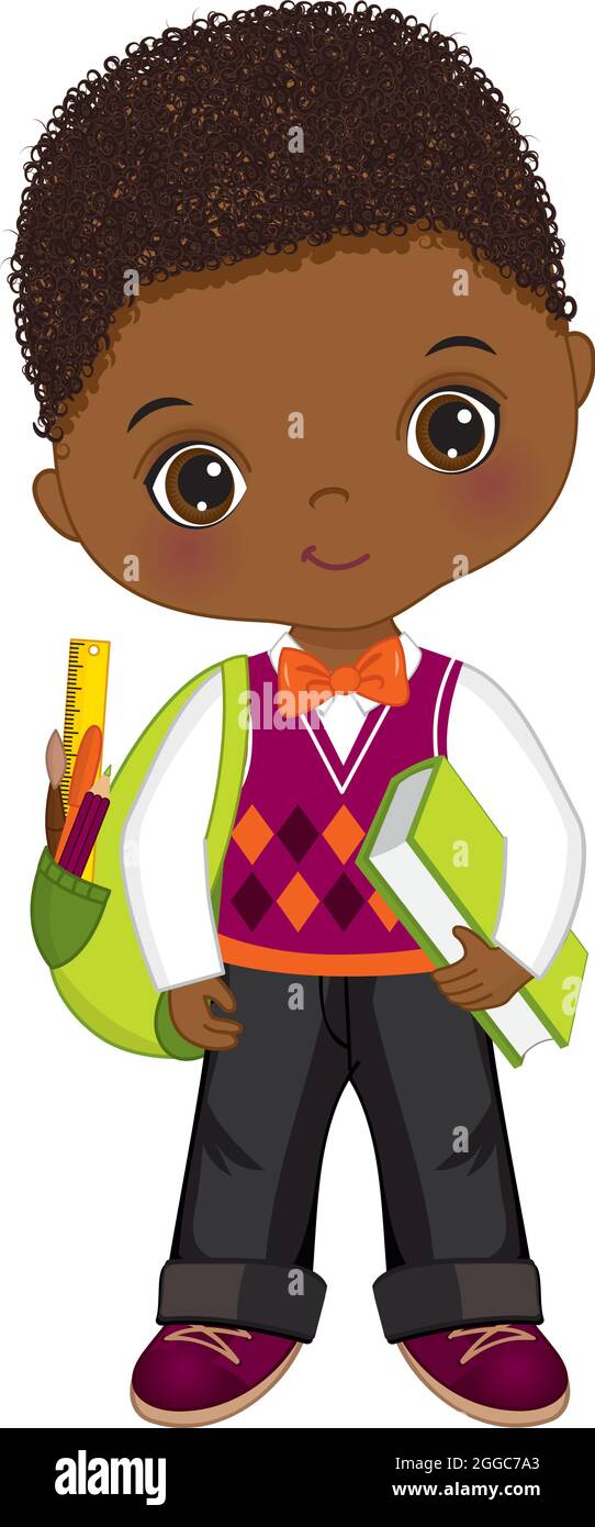 Cute Little School African American Boy Holding Rucksack. Vector School ...