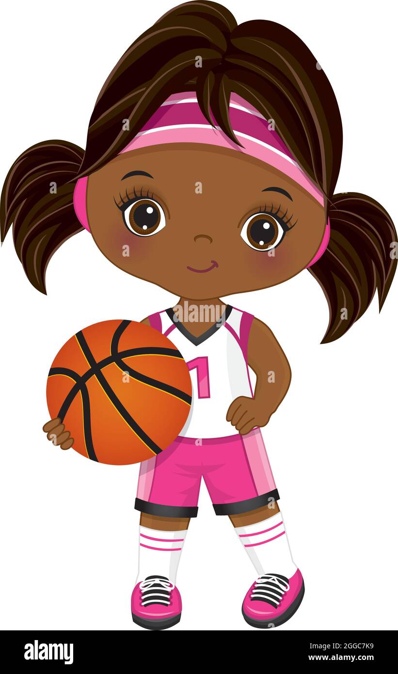 Cute Little African American Girl Playing Basketball. Vector Black ...