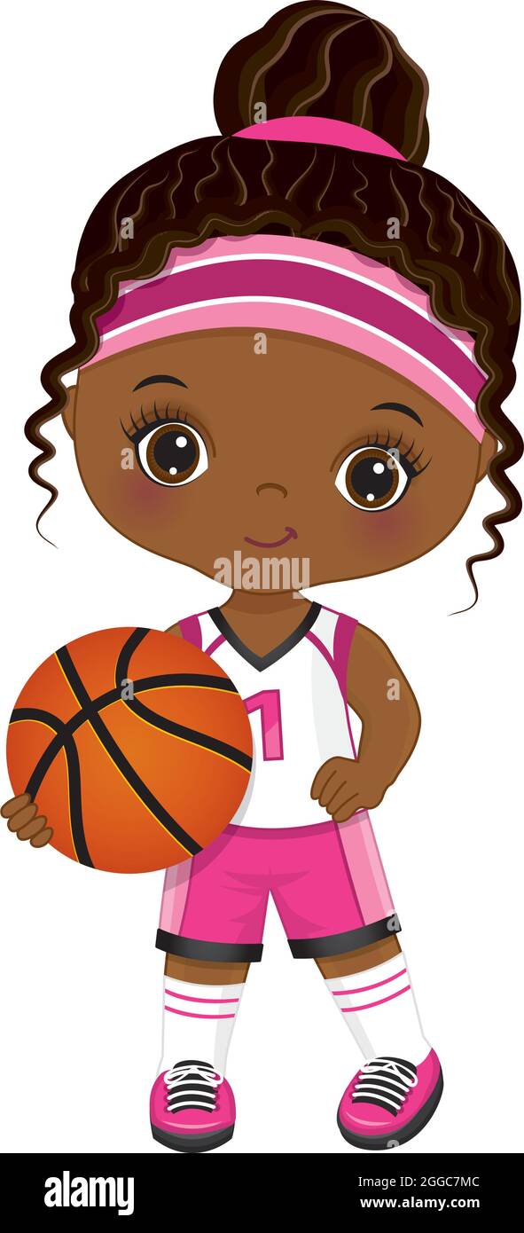 Cute Little African American Girl Playing Basketball. Vector Black ...