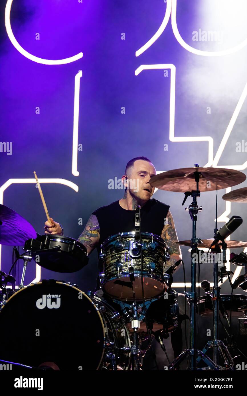 Edmonton, Canada. 29th Aug, 2021. Drummer Jason Pierce of Our Lady Peace performs during the Together Again YEG Festival at Northlands Exhibition Grounds in Edmonton. (Photo by Ron Palmer/SOPA Images/Sipa USA) Credit: Sipa USA/Alamy Live News Stock Photo