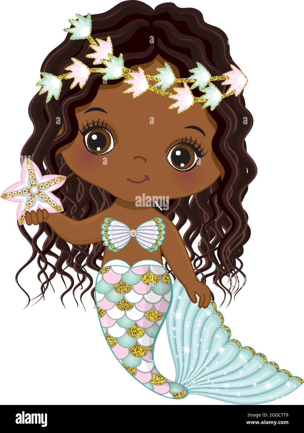 Cute Little African American Baby Mermaid with Glitter Turquoise