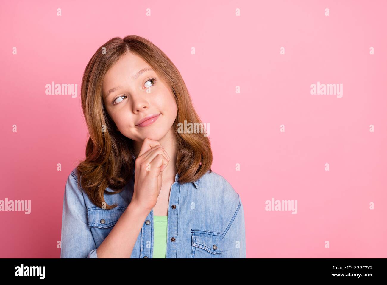 Photo of young attractive girl happy positive smile hand touch chin ...