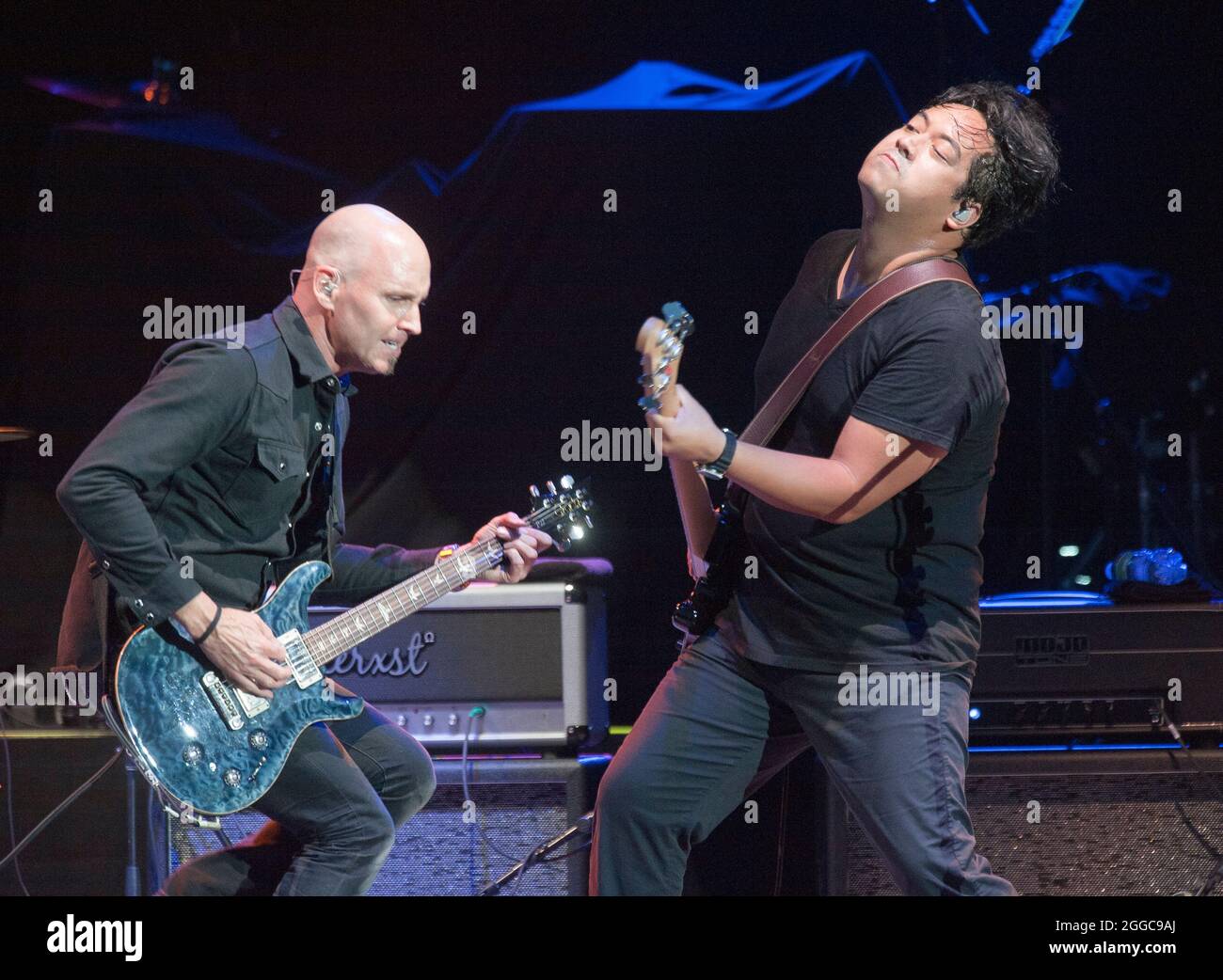 August 10, 2021 - Wilmington, North Carolina; USA - (L-R) Musician MATT SCANNELL and Bass Guitarist MARK PACIFICAR of the band Vertical Horizon  performs live as their 2021 tour makes a stop at the Live Oak Bank Pavilion at Riverfront Park located in Wilmington. Copyright 2021 Jason Moore. (Credit Image: © Jason Moore/ZUMA Press Wire) Stock Photo