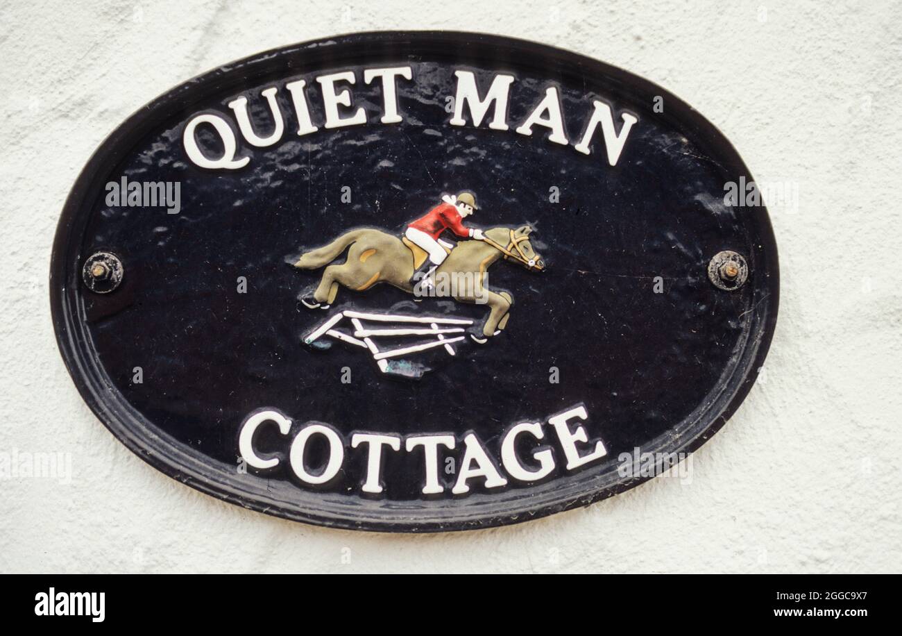 Sign on the historic cottage that houses the Quiet Man Museum Stock Photo