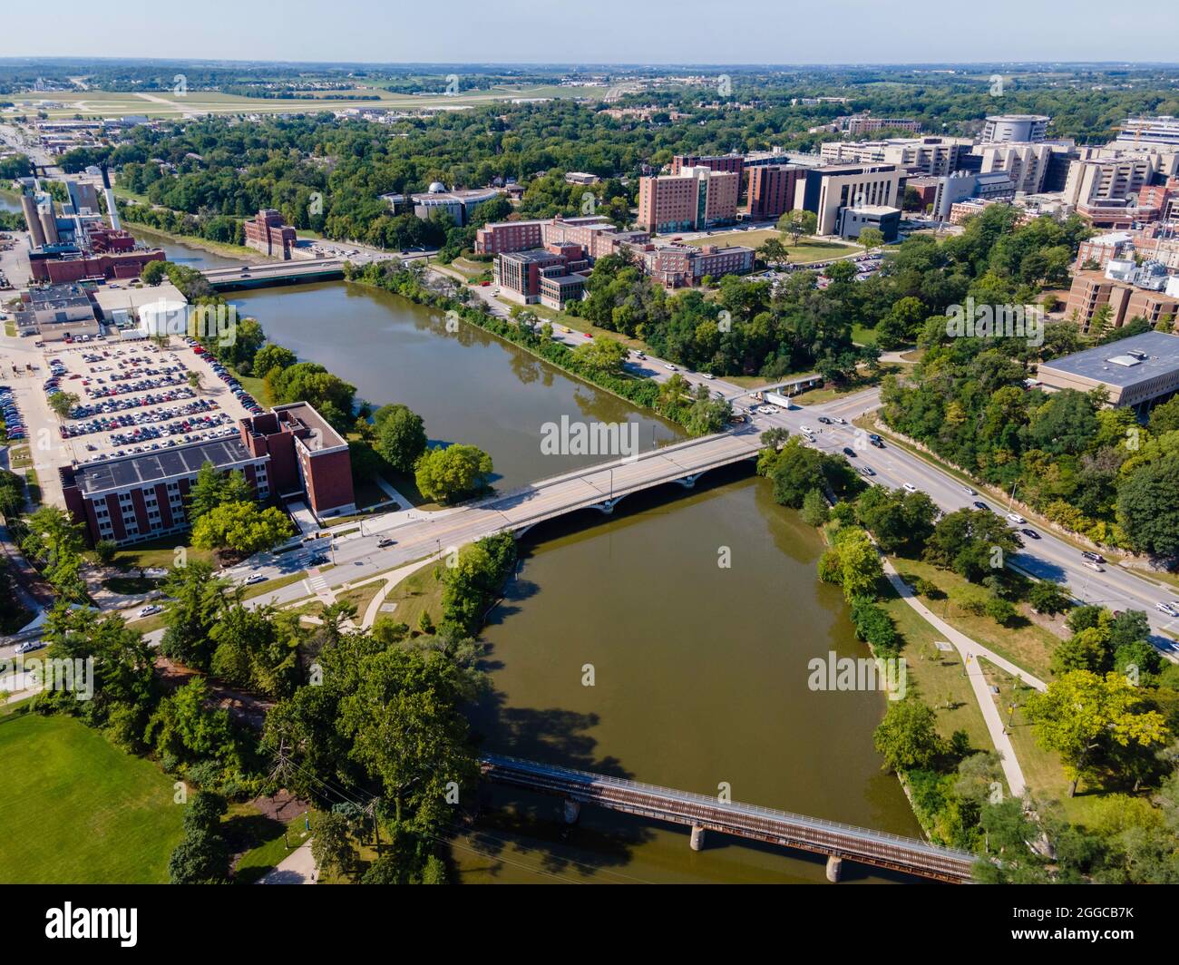Aerial photograph of the beautiful University of Iowa campus and environs, Iowa City, Iowa, USA. Stock Photo