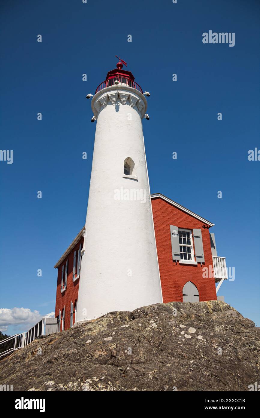 Fisgard Lighthouse in Ford Rodd Hill National Park in Victoria, British Columbia, Canada. Street view, travel photo, selective focus. Stock Photo