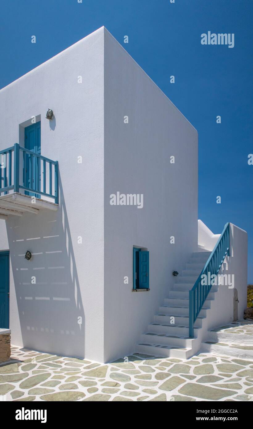 2 story white building in Chora, Greece Stock Photo