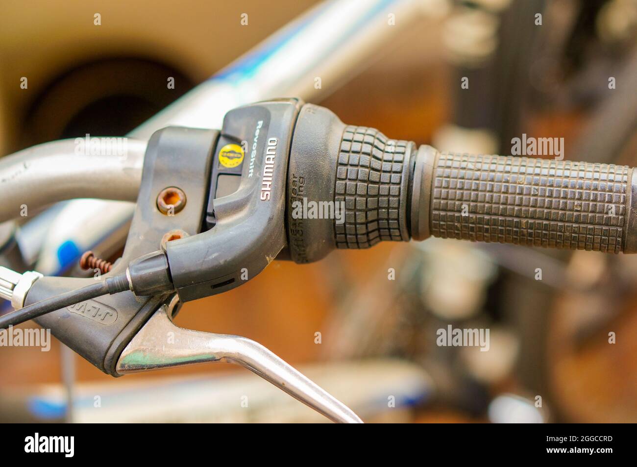 POZNAN, POLAND - Apr 11, 2015: The Shimano gears on a bicycle handle Stock Photo