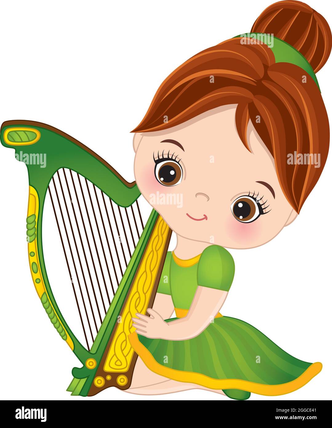 Cute Little Girl Playing Harp to CelebrateSt. Patrick Day. Vector Saint Patrick Day Stock Vector