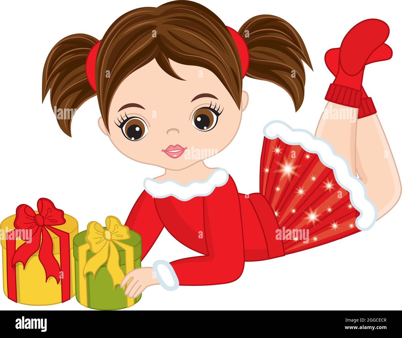 Beautiful Young Cute Girl Holding Christmas Gift Boxes. Vector ...