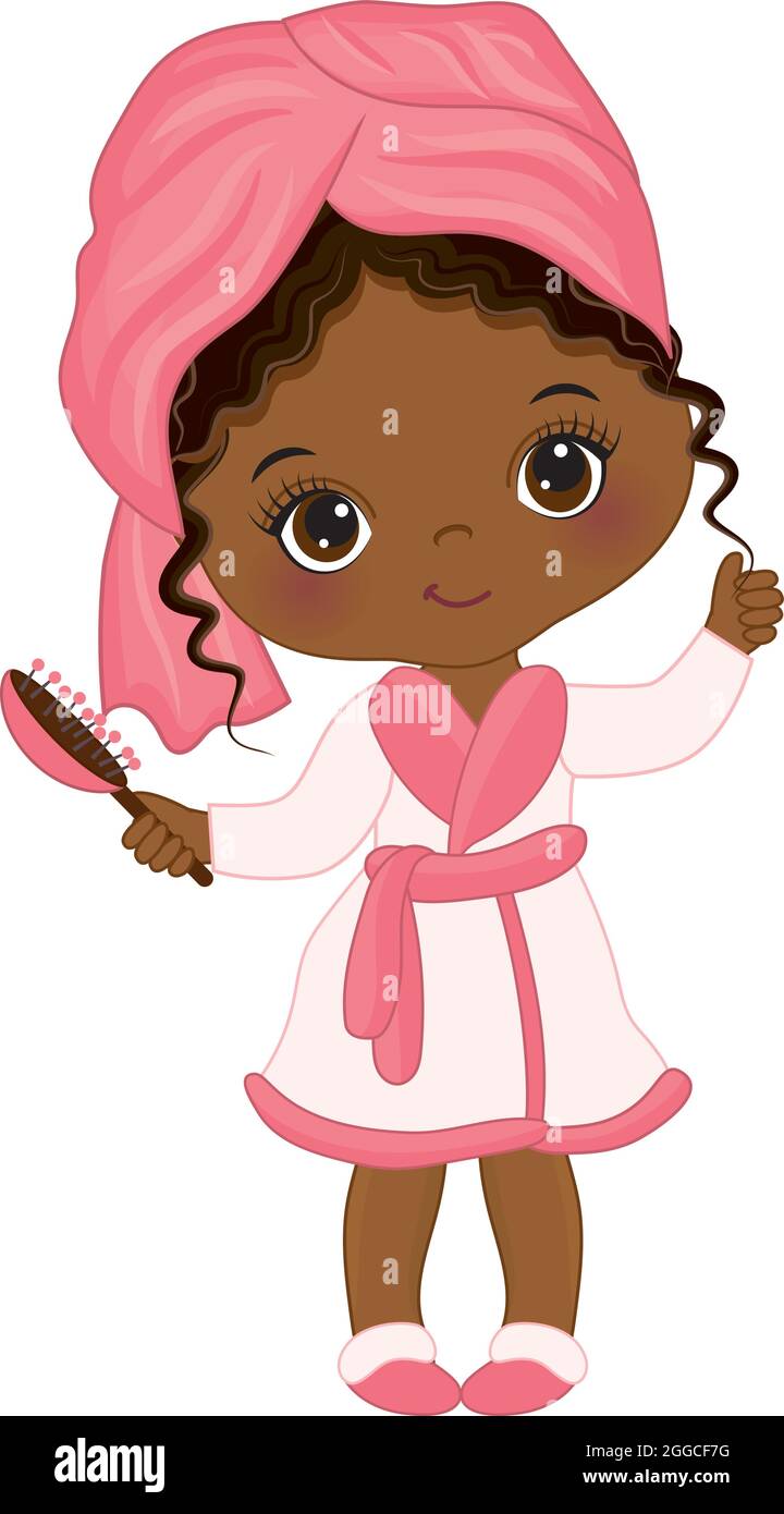 Little African American Girl Wearing Spa Robe after Shower. Vector