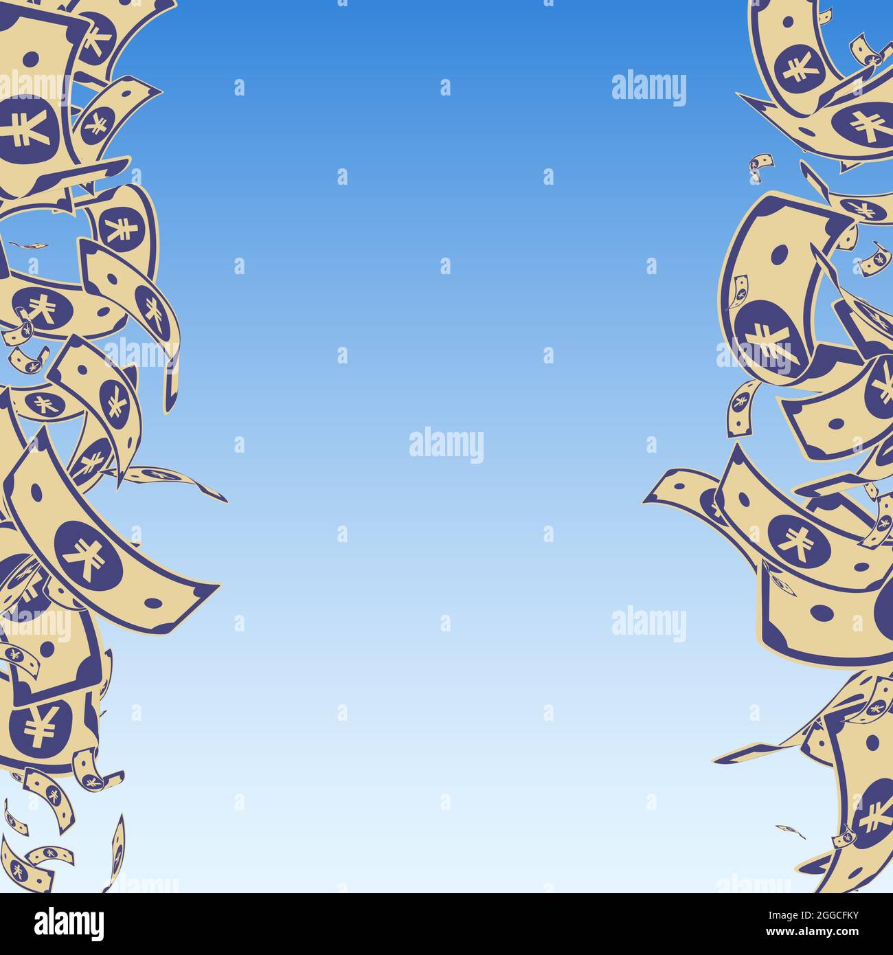 Chinese yuan notes falling. Messy CNY bills on blue sky background ...