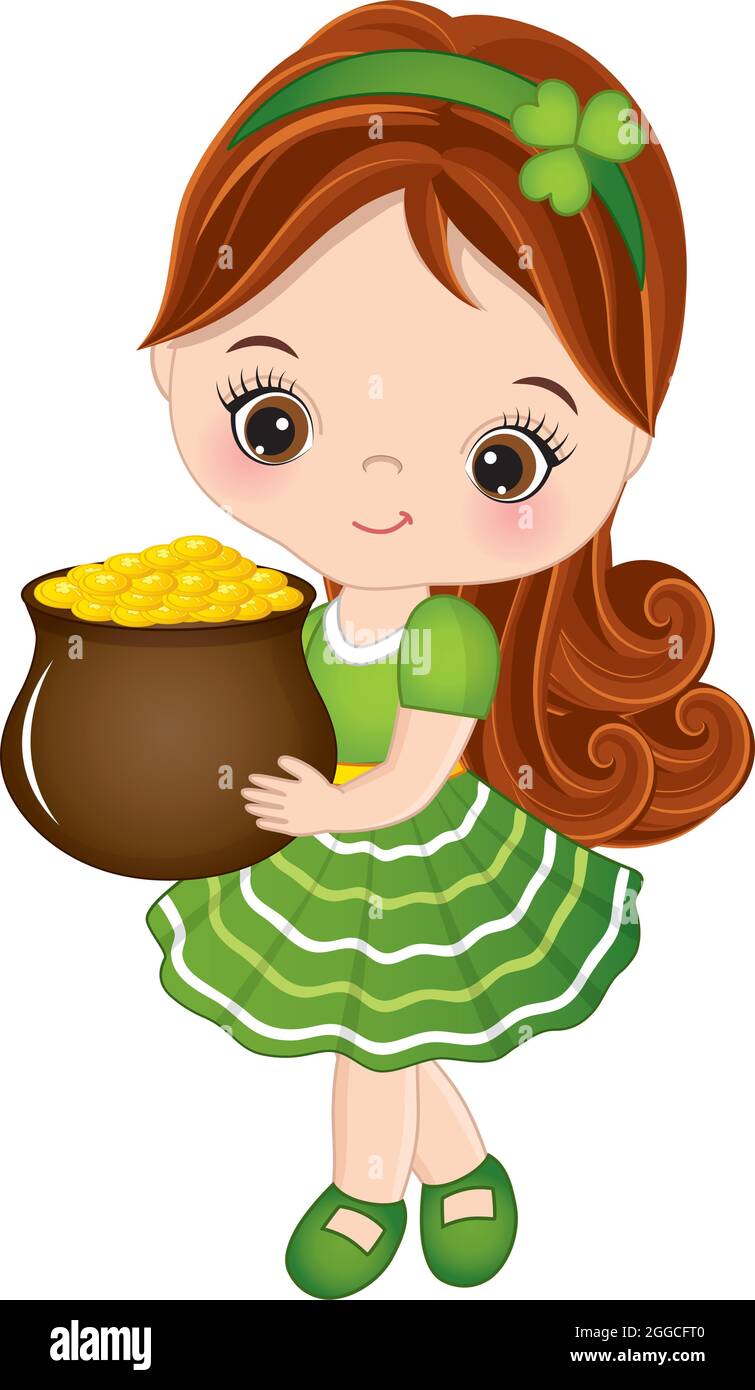 Cute Little Girl Celebrating St. Patrick Day Holding Pot with Golden Coins. Vector Saint Patrick Day Stock Vector