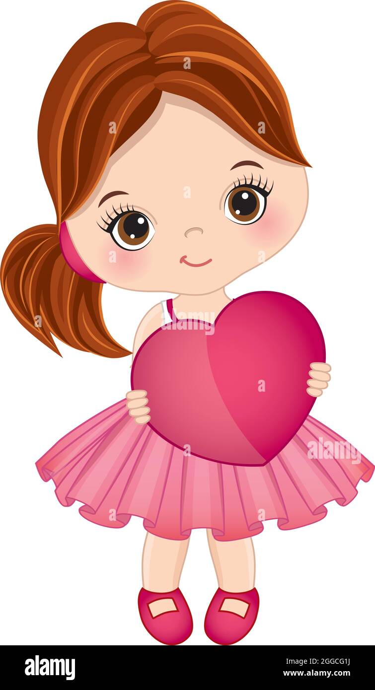 Cute Little Girl Wearing Pink Dress Holding Heart. Vector Little Girl ...