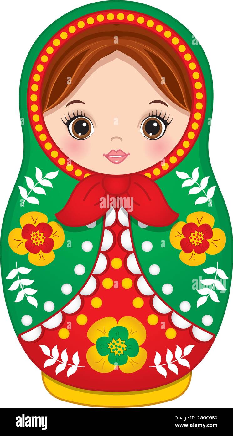 Cute Russian Matryoshka in Red and Green Colours. Vector Babushka Doll