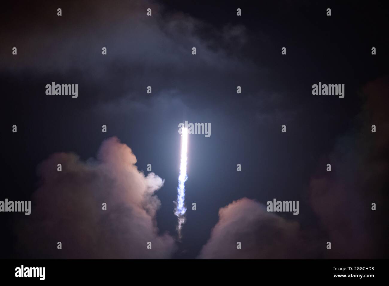 A SpaceX Falcon 9 rocket carrying NASA’s CRS-23 payload launches from Launch Complex 39A at Kennedy Space Center, Fla., August 29, 2021. The Dragon spacecraft carried approximately 4,800 pounds of crucial supplies and equipment, as well as more than a dozen payloads to the International Space Station. Stock Photo