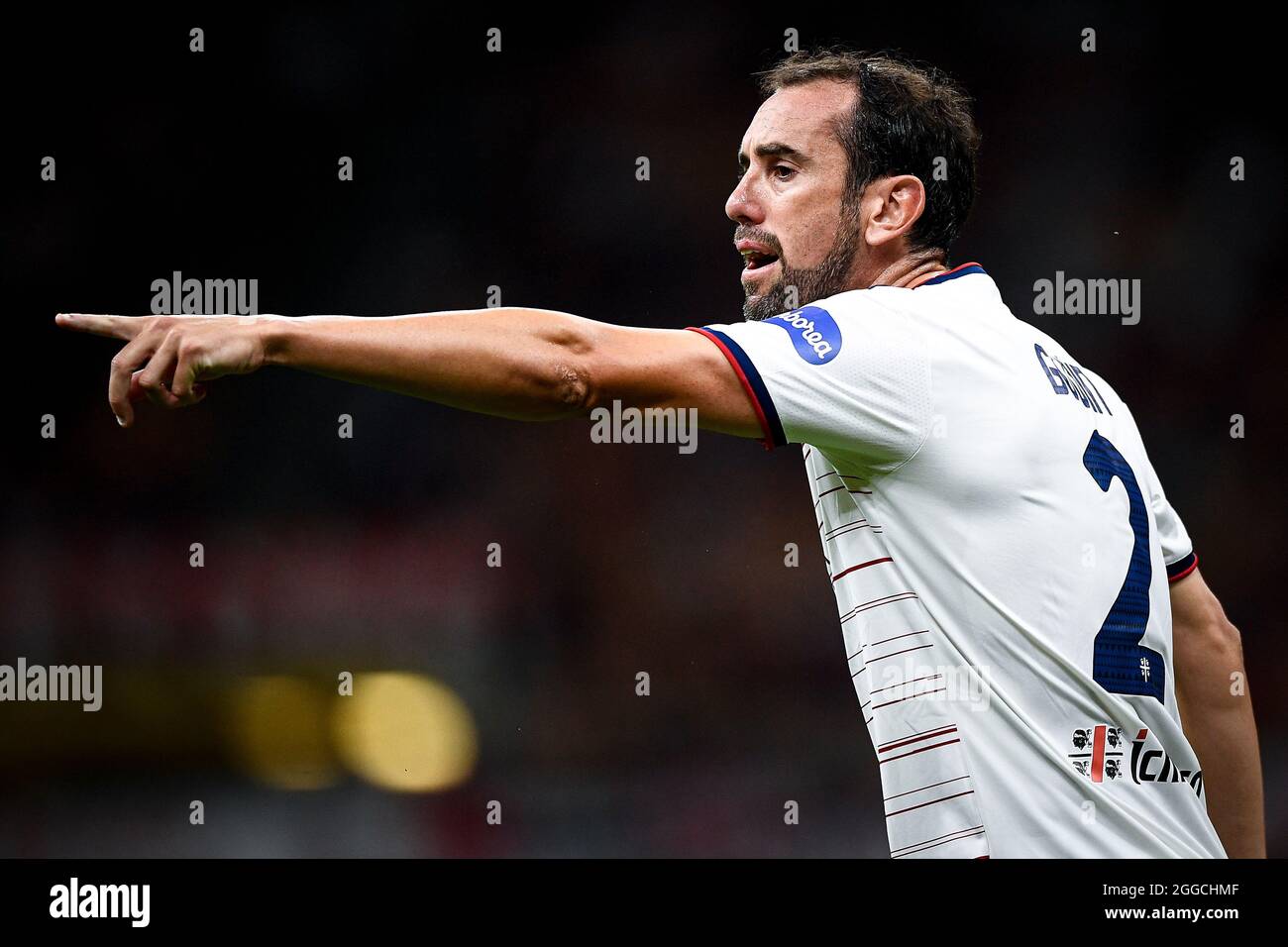 Milan, Italy. 29 August 2021. Diego Godin of Cagliari Calcio gestures during the Serie A football match between AC Milan and Cagliari Calcio. Credit: Nicolò Campo/Alamy Live News Stock Photo