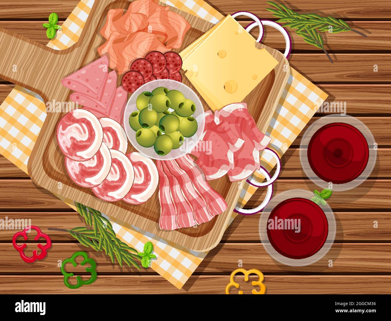 Platter of cold cuts and smoked meat on the wooden table background illustration Stock Vector